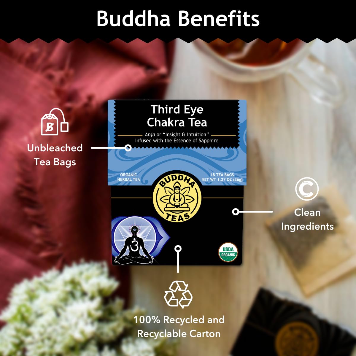 Buddha Teas - Third Eye Chakra Tea - Organic Herbal Tea - For Insight & Intuition - With Eyebright, Spearmint, Star Anise & Sapphire Essence - 100%