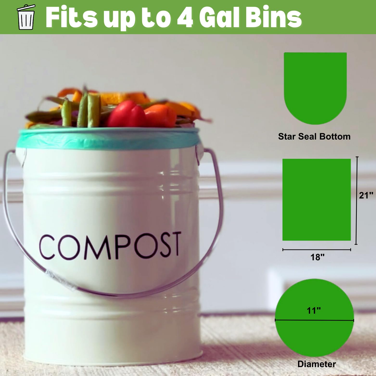 4 Gallon Trash Bag (400 ct.) 15 Liter Green Eco-friendly Garbage Bags Made W/EPI Additive(TDPA-Totally Degradable Plastic Additives) fits 2 Gal 3 Gal