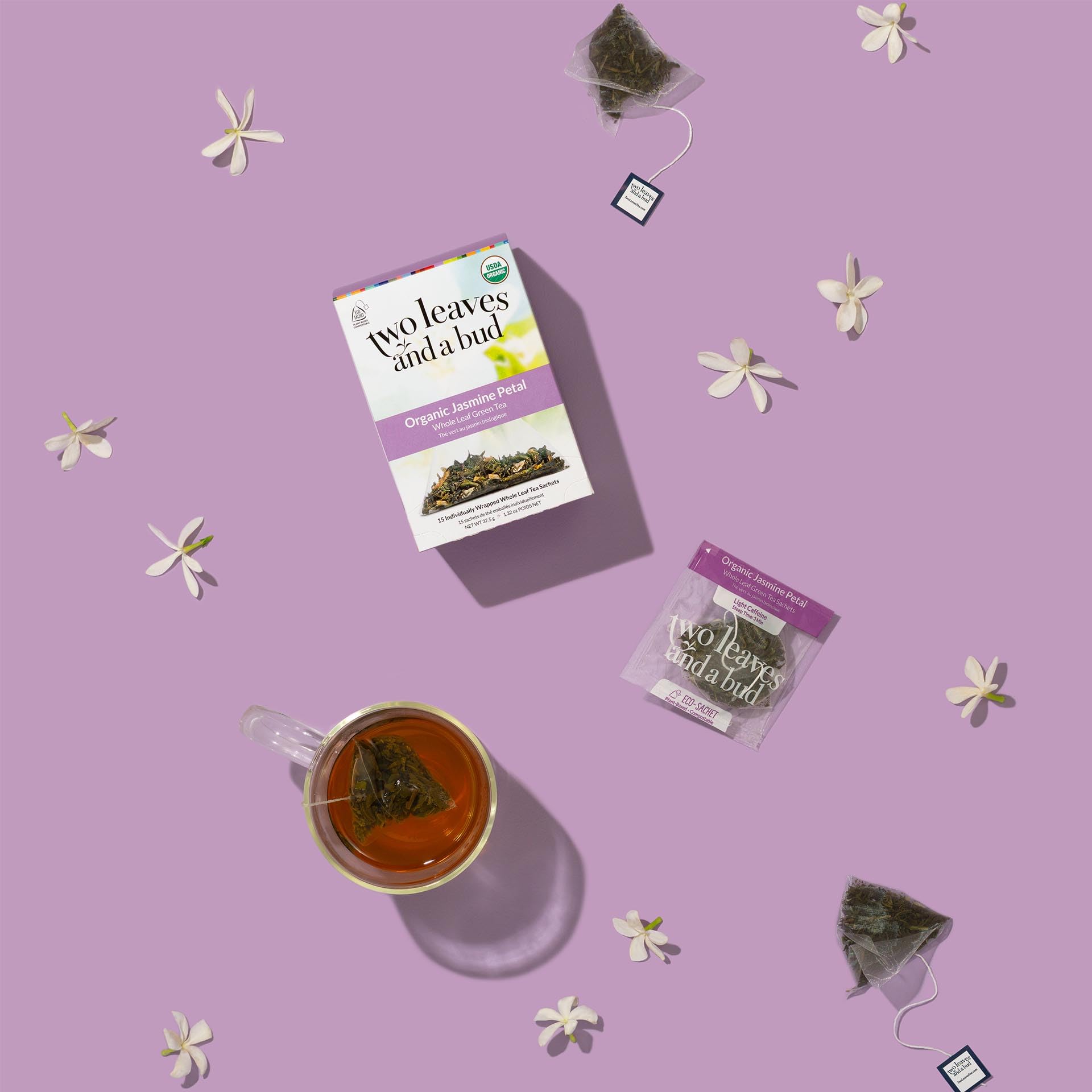 Two Leaves and a Bud Jasmine Green Tea Bags, 15 Count (Pack of 1) Whole Leaf Green Tea in Pyramid Sachet Bags