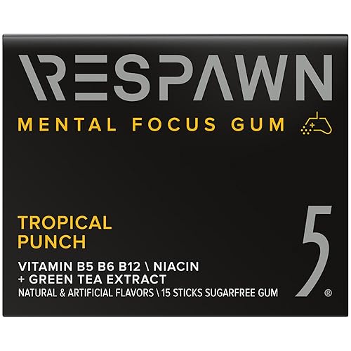 RESPAWN by 5 GUM Mental Focus Gum, Tropical Punch Sugar Free Chewing Gum, 15 Sticks