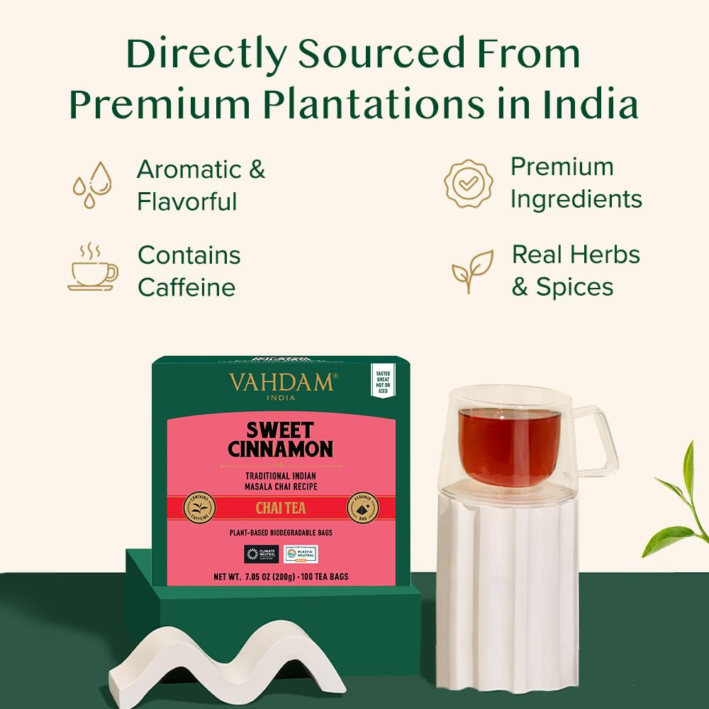 VAHDAM, Sweet Cinnamon Tea Bags (100 Pyramid Tea Bags) Non GMO, Gluten Free, No Artificial Flavor | Cinnamon Masala Chai Tea Bags | Whole Leaf Tea