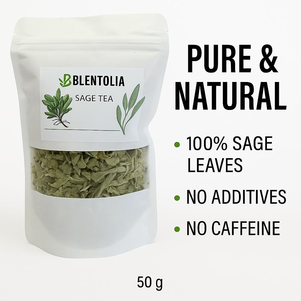 Blentolia Sage Tea - 100% Natural Dried Sage Leaves - Herbal Wellness Tea for Relaxation, Digestion & Immune Support - 50g Resealable Pouch