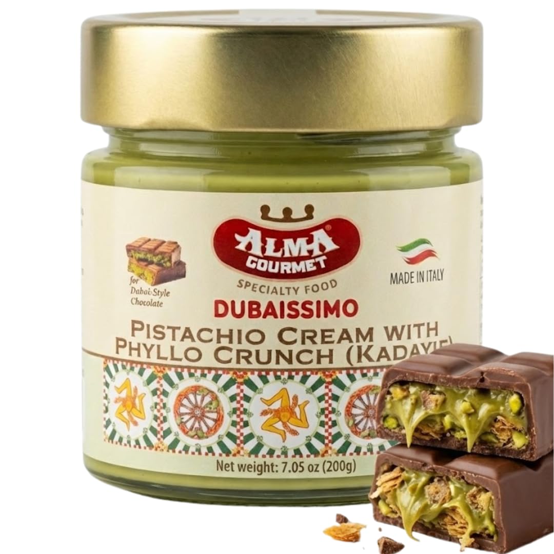 Alma Gourmet Dubaissimo Pistachio Cream with Kadayif 7.05oz (200g) - Original Dubai Chocolate Filling, Pistachio Paste to Spread, Authentic Premium