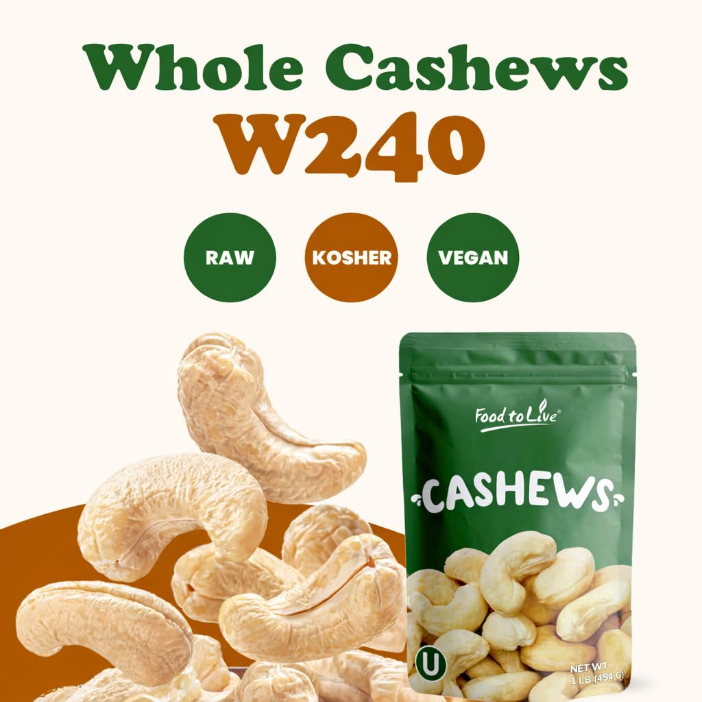 Food to Live Cashew Nuts, 4 Pounds - Large Size W240, Whole Nuts, Unsalted, Kosher, Raw, Vegan, Bulk