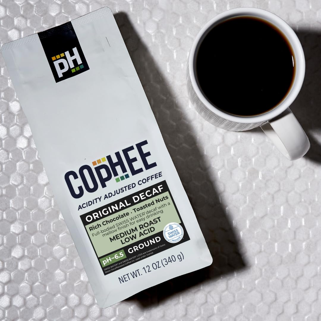 Low Acid Coffee - Decaf - Ground Medium Roast - Smooth Non-GMO Arabica Coffee - Electrolyte Infused for Sensitive Stomachs, Acid Reflux, and Heartburn