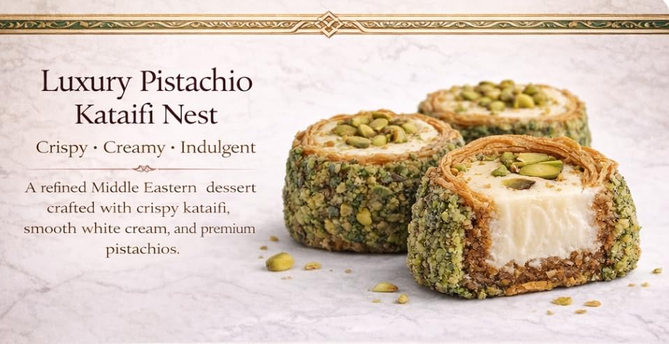 Omniya Crispy Pistachio Kataifi Nest with Cream Filling - Luxury Middle Eastern Dessert with Ashta or White Chocolate Cream Center - Gourmet Gift