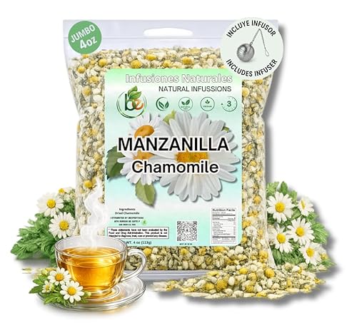 Manzanilla (Chamomile) Herbal Tea Set - 4 oz (113g) Premium Loose Leaf Flowers + Stainless Steel Tea Infuser - 100% Natural, Caffeine-Free, Vegan