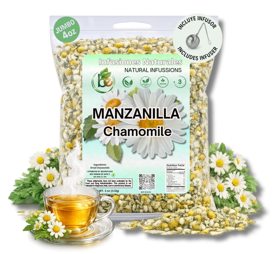 Manzanilla (Chamomile) Herbal Tea Set - 4 oz (113g) Premium Loose Leaf Flowers + Stainless Steel Tea Infuser - 100% Natural, Caffeine-Free, Vegan