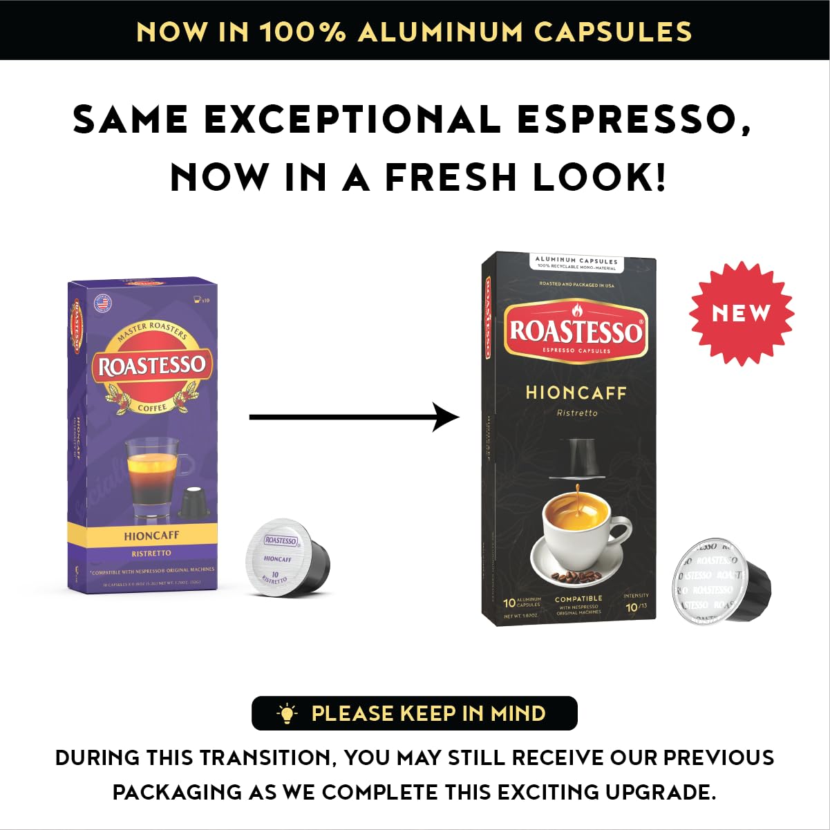Roastesso Espresso Capsules, Hioncaff, Intensity 10, Compatible with Nespresso Original Machines, High Caffeine, Dark Roast Ristretto, Single Serve