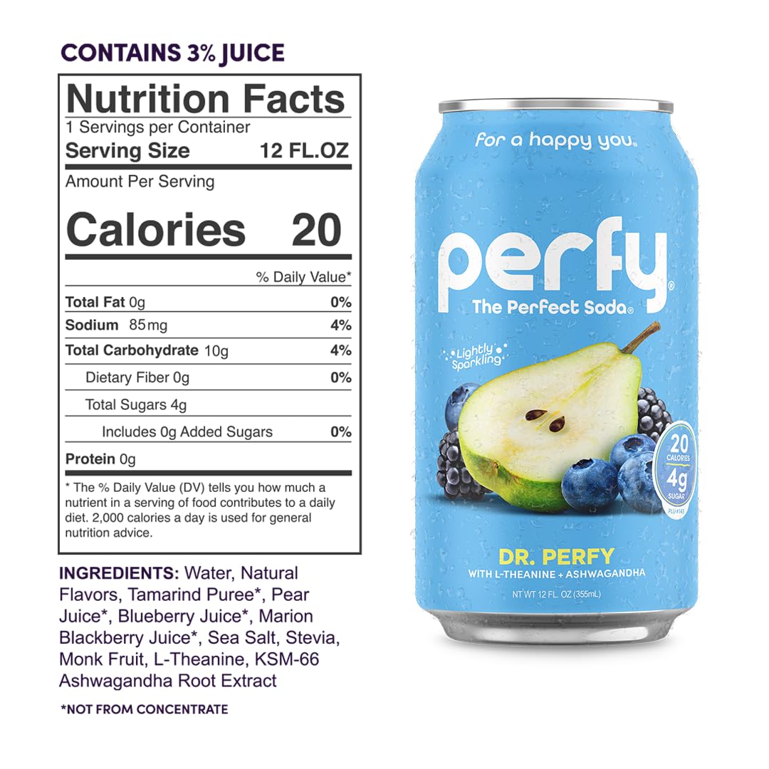 PERFY Caffeine Free Healthy Soda Classics Variety | Real Fruit Juice - Low Sugar Nootropic Drinks with L-Theanine + Turmeric or Ashwagandha | Calming