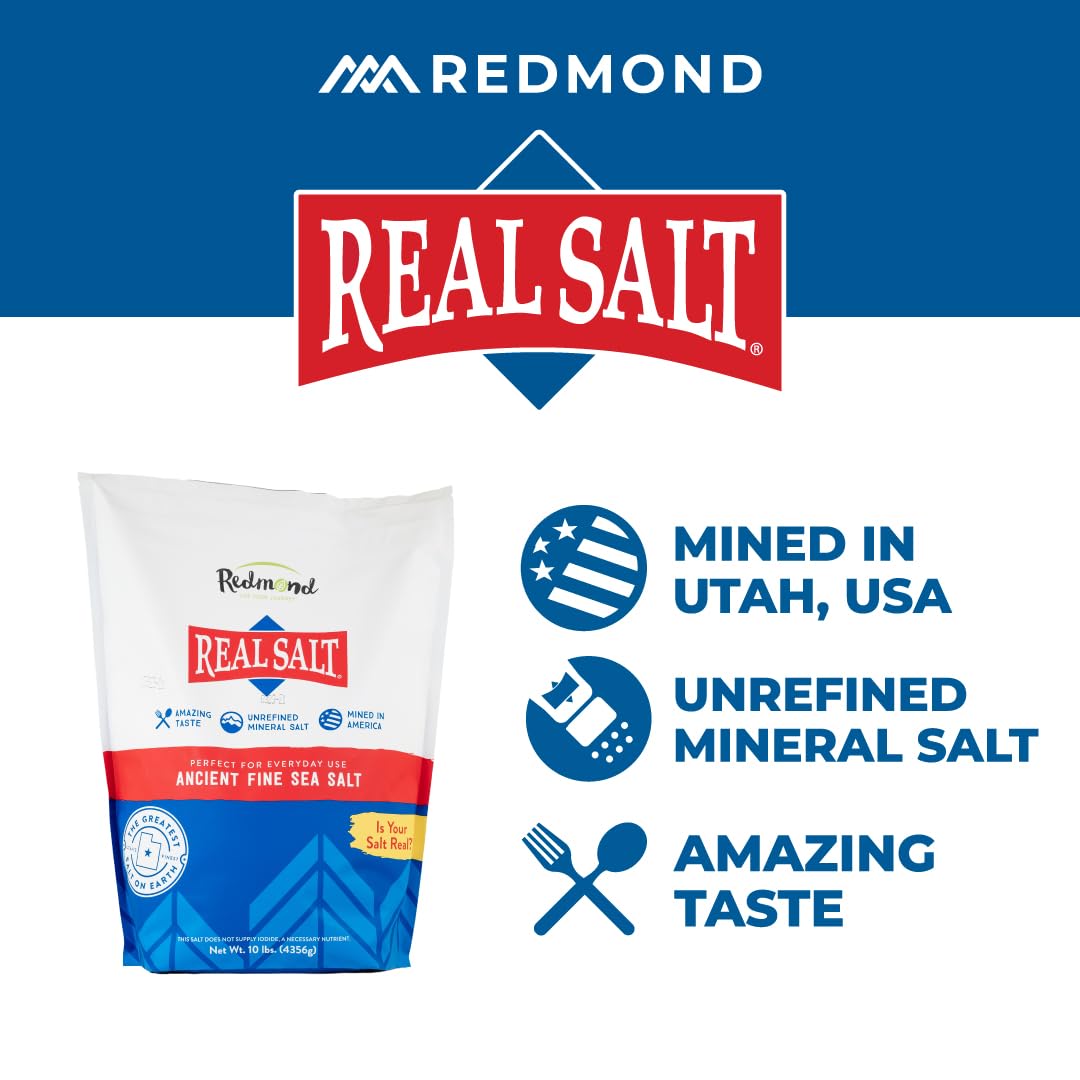 Redmond Real Salt 10 Lb Bag- Natural Unrefined Gluten Free, Fine Sea Salt, 10lb bag