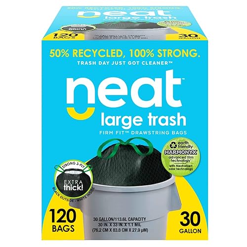 Neat Tall Kitchen 30 Gallon Drawstring Trash Bags - (MEGA 120 COUNT) - Triple Ply Fortified, Eco-Friendly 50% Recycled Material, Neutralize+ Odor