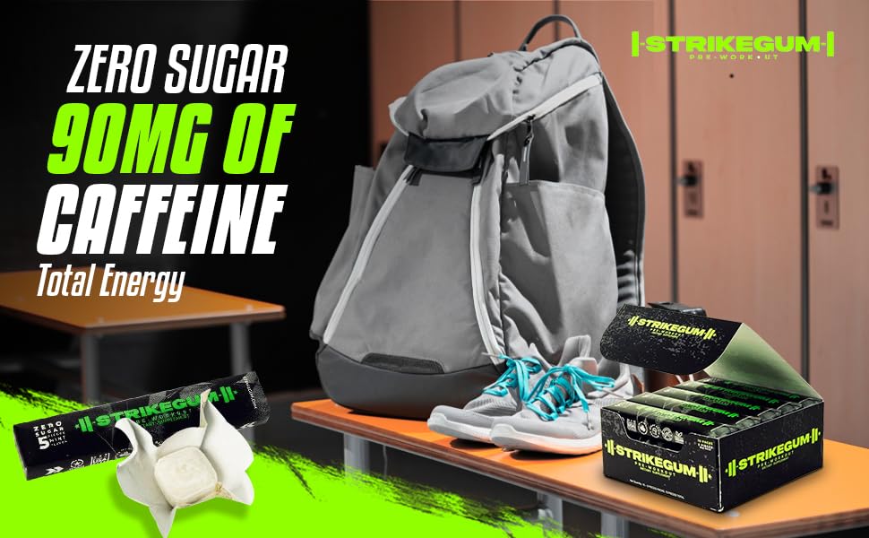 Strike Gum 5 packs of 5 Pieces |90mg natural caffeine|100mg alpha gpc| Sugar Free| Vegan | Made in the USA | Premium Energy Gum