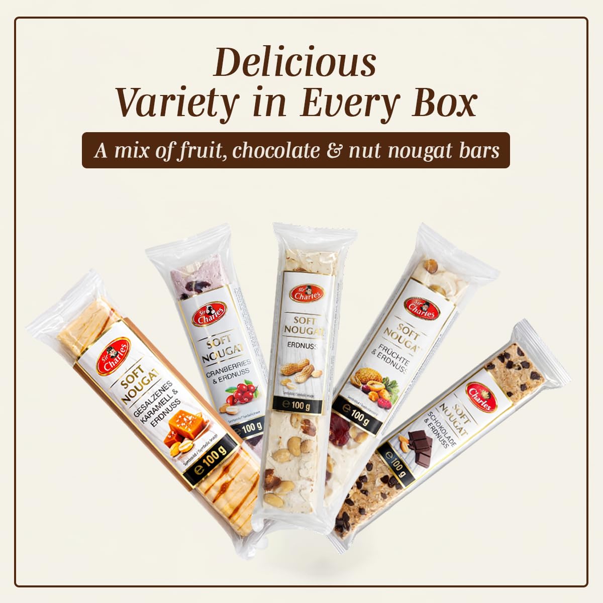 Sir Charles Soft Nougat Bars With Soft & Chewy Texture- Italian Nougat Candy with Nuts & Fruits For Snack Trays, Dessert Platters & Sweet Sharing