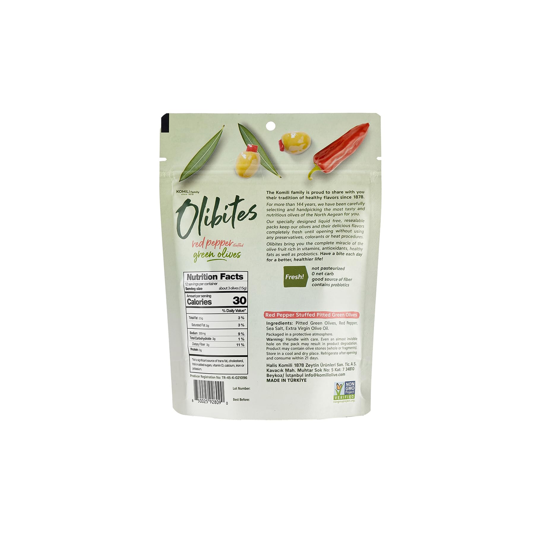 Olibites Pitted Olives - Fresh Olives Marinated in Extra Virgin Olive Oil with a sweet red pepper flavor (6 oz, Red Pepper Stuffed)