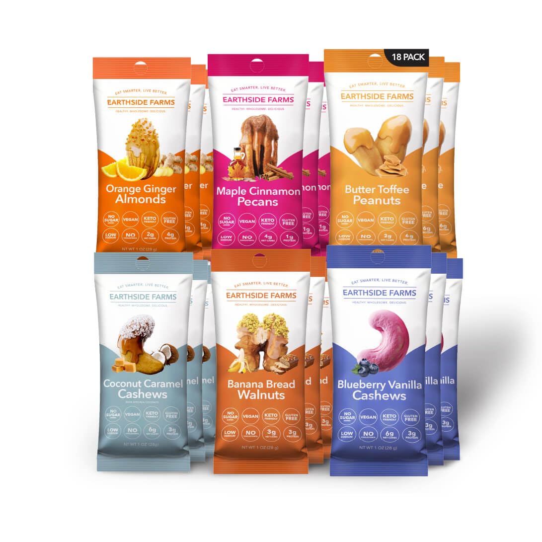 (1oz 18pack 3 of each flavor) Banana Bread Walnuts, Butter Toffee Peanuts, Blueberry Vanilla Cashews, Coconut Caramel Cashews, Maple Cinnamon Pecans