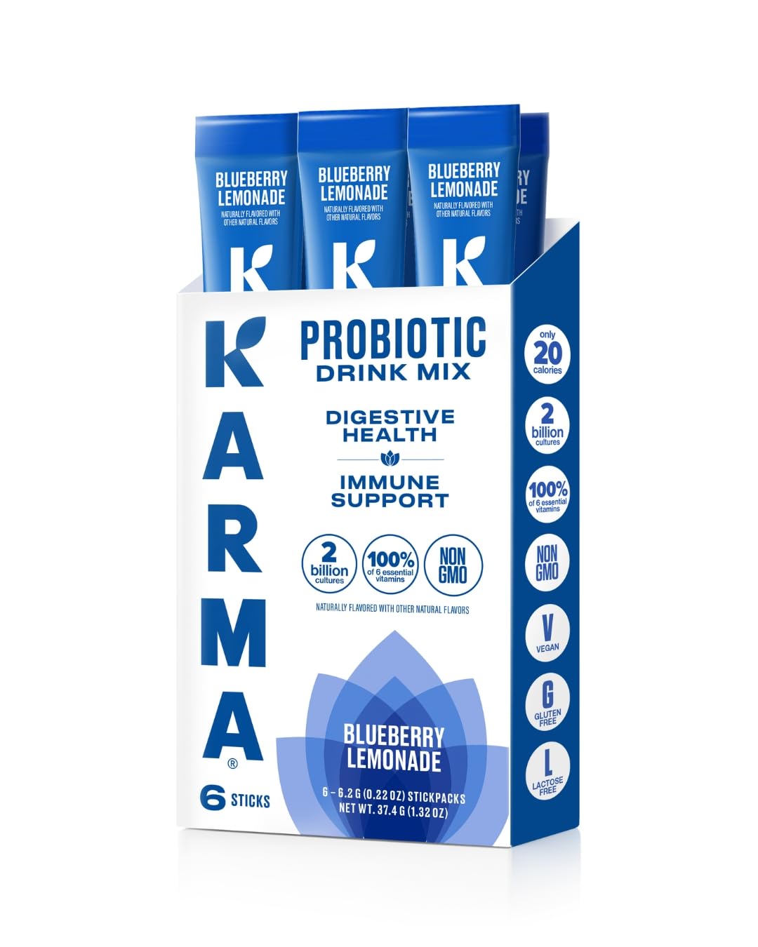 Karma Probiotic Hydration Packet - 6 Pack, Blueberry Lemonade Powder Drink Mix Stick - On-The-Go Immune & Gut Health Support