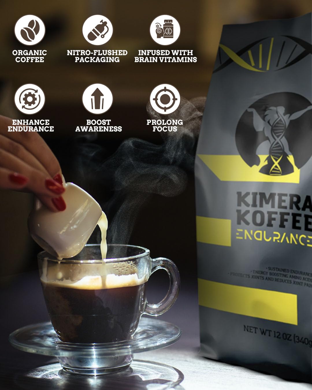 Kimera Koffee Endurance Blend - Organic Medium Roast Nootropic Coffee with L-Tyrosine and Glycine, 12oz Ground