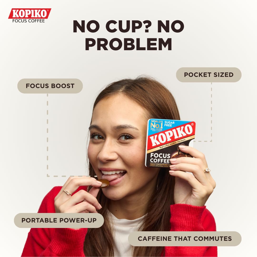 Kopiko Focus Coffee Candy - Have 80mg Caffeine per 2 Pieces for Energy & Mental Focus - Sugar-Free Hard Candy with Real Indonesian Coffee Extract (6
