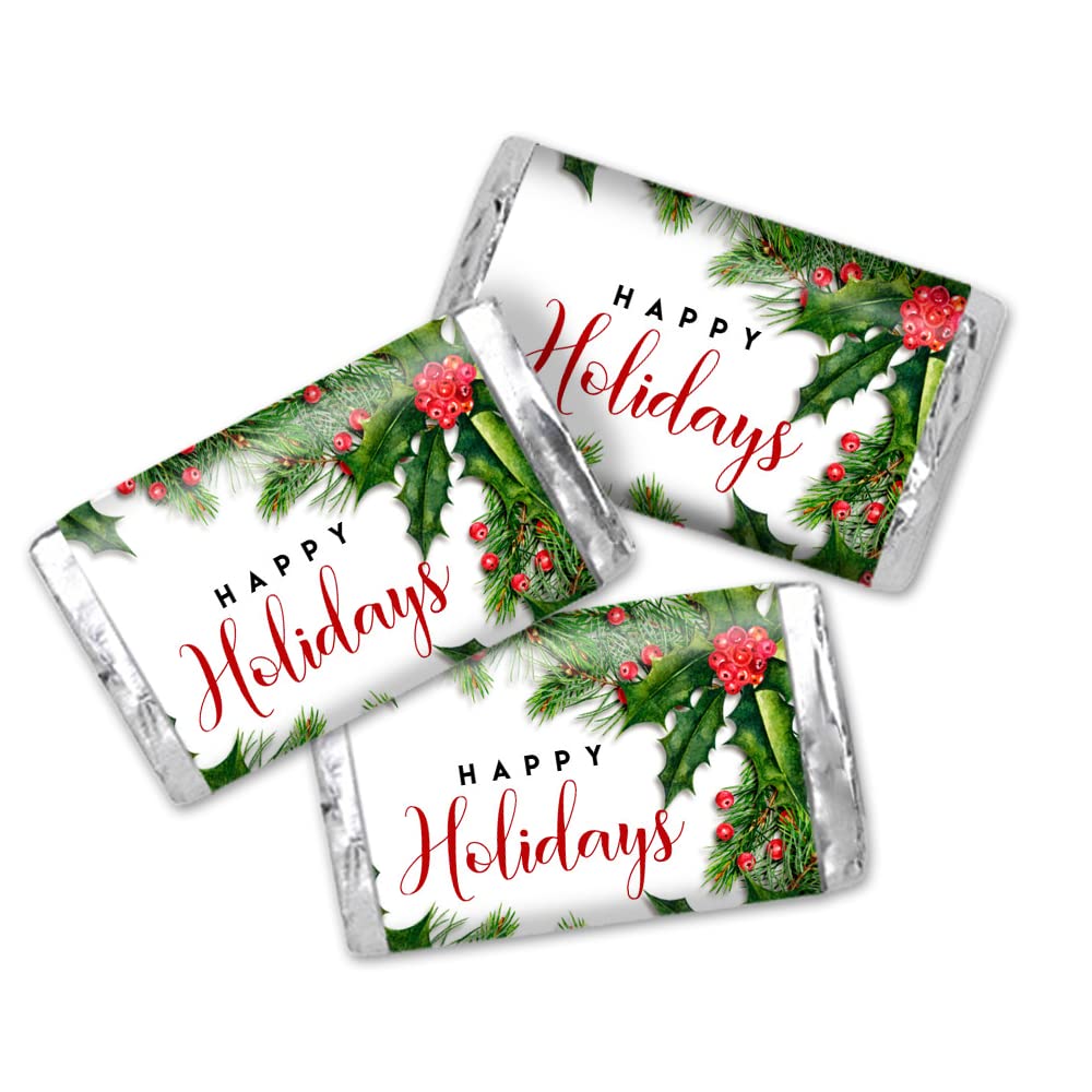 Holiday Holly and Pine Miniature Chocolate Candy Bar Sticker Wrappers, 45 Wrap Around Labels Sized 1.4" x 2.6" by AmandaCreation, Great for Holiday