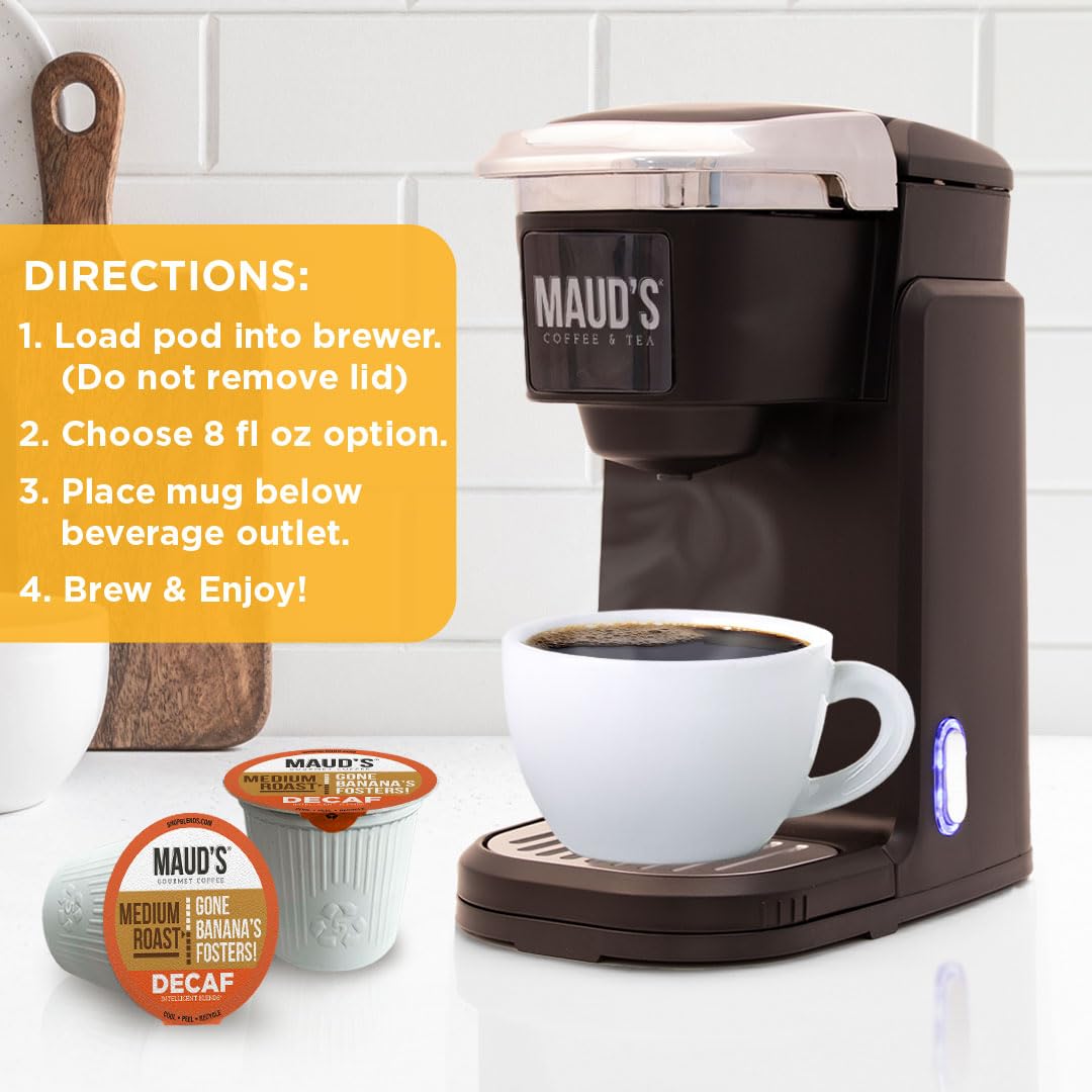 Maud's Decaf Banana Flavored Coffee Pods, 18 ct, Decaffeinated Medium Roast Flavored Coffee in Single Serve Pods - 100% Arabica Beans, Compatible