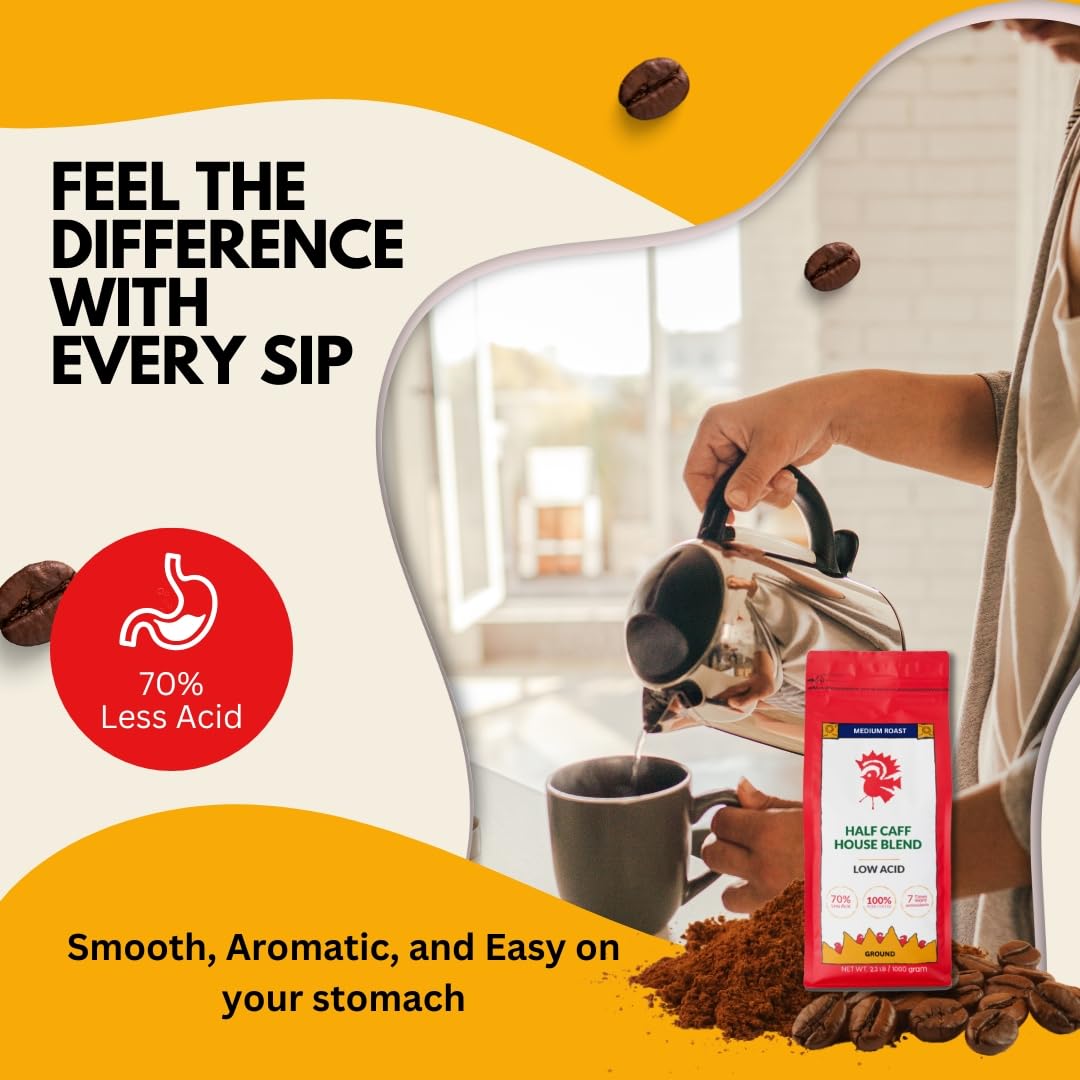 Puroast Low Acid Coffee Half Caff | Half Caff House Blend Ground | Medium Roast | High Antioxidants & High pH |No Bitter Aftertaste | Reduced