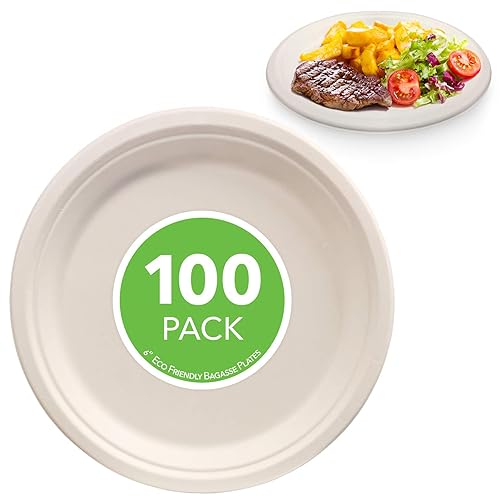 Stock Your Home Commercially Compostable 6 Inch Paper (100 Pack), Natural Disposable Bagasse, Eco-Friendly Made of Sugarcane Fiber