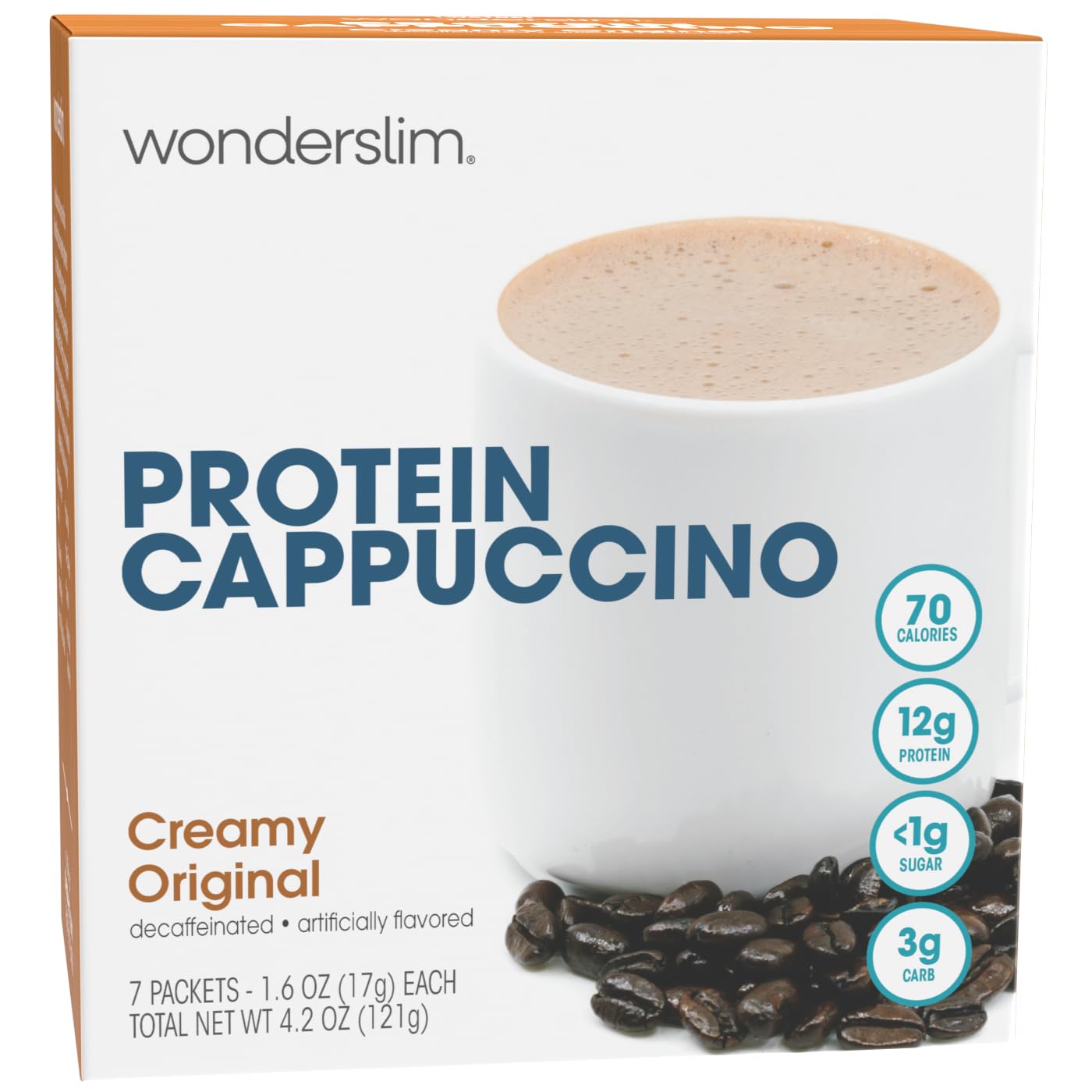 Wonderslim Protein Coffee Powder, Creamy Original Cappuccino, Low Sugar, Gluten Free, Keto Friendly & Low Carb (7ct)
