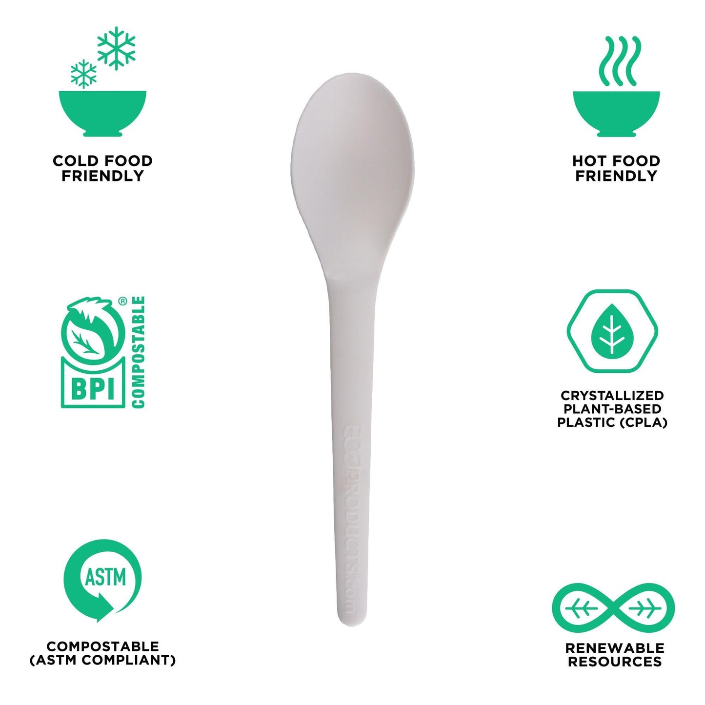 Eco-Products Compostable CPLA 6" Plastic Spoons, Case of 1000, Individually Wrapped Spoon, Disposable White Plantware Cutlery, Renewable Material Made
