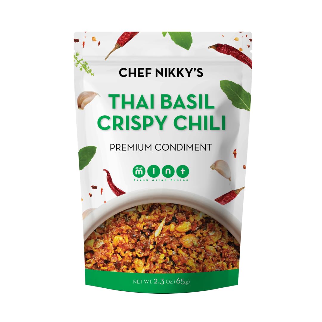 CHEF NIKKY'S THAI BASIL CRISPY CHILI - Thai Basil Flavor - a Premium Hot Sauce with a Nice Chili Crunch - No MSG - Garlic Oil with Chili Crisp, Basil