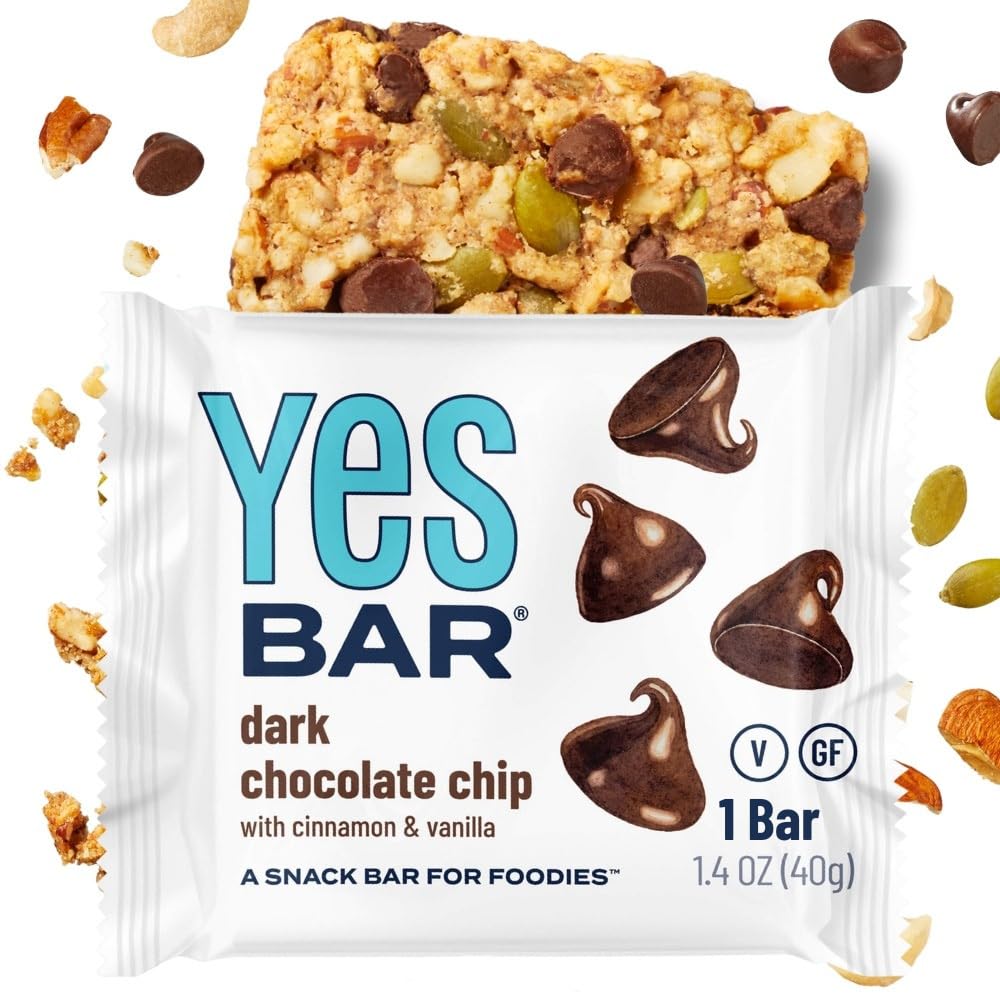 The YES Bar - Dark Chocolate Chip - Plant Based Protein, Decadent Snack Bar - Vegan, Paleo, Gluten Free, Dairy Free, Low Sugar, Healthy Snack