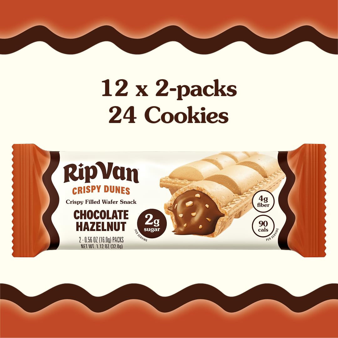 Rip Van Crispy Dunes Vegan Chocolate Hazelnut Wafer Sticks - Low-Calorie Keto Snack with Hazelnut Cream Filling, 90 Calories, Non-GMO, Prebiotic Fiber