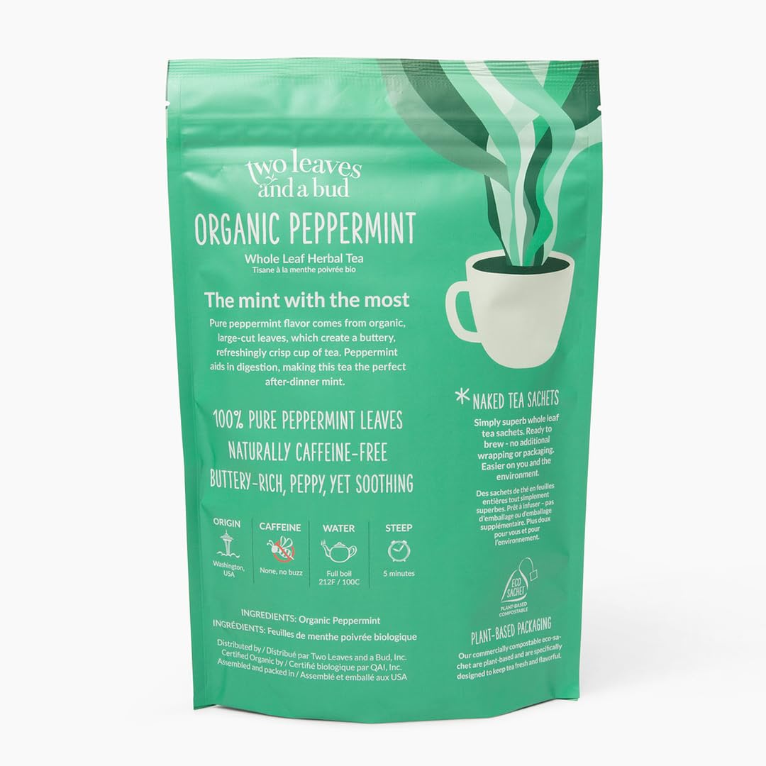Two Leaves and a Bud Organic Peppermint - 50 Naked Tea Sachets, Naturally Caffeine Free, Whole Leaf Herbal Tea in Unwrapped Pyramid Sachets