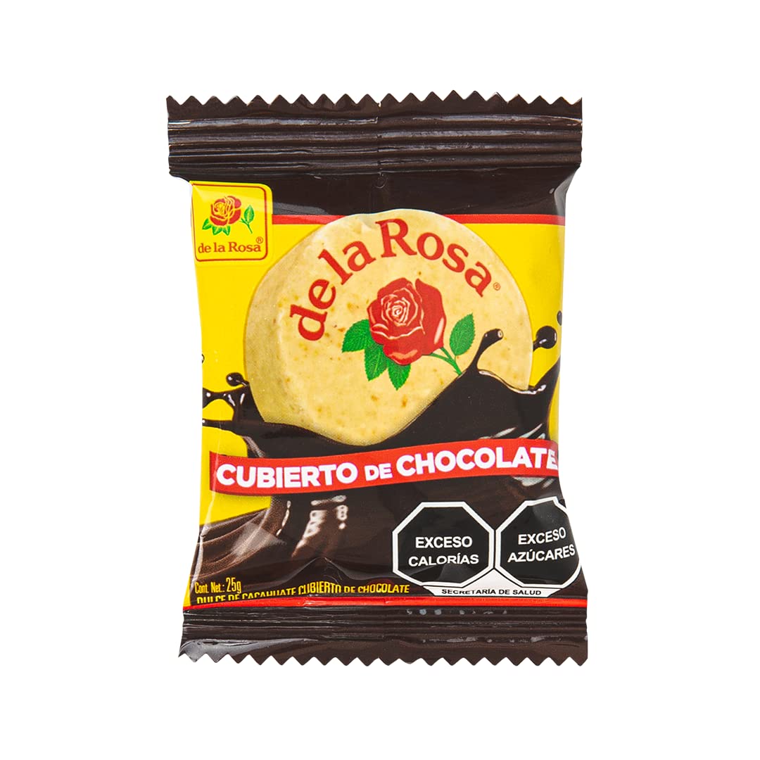 De la Rosa Original Chocolate Covered Mazapán Peanut Candy (16 pieces) and 2 mini marshmallow pockets, mazapán cubierto de chocolate 16 piezas y 2