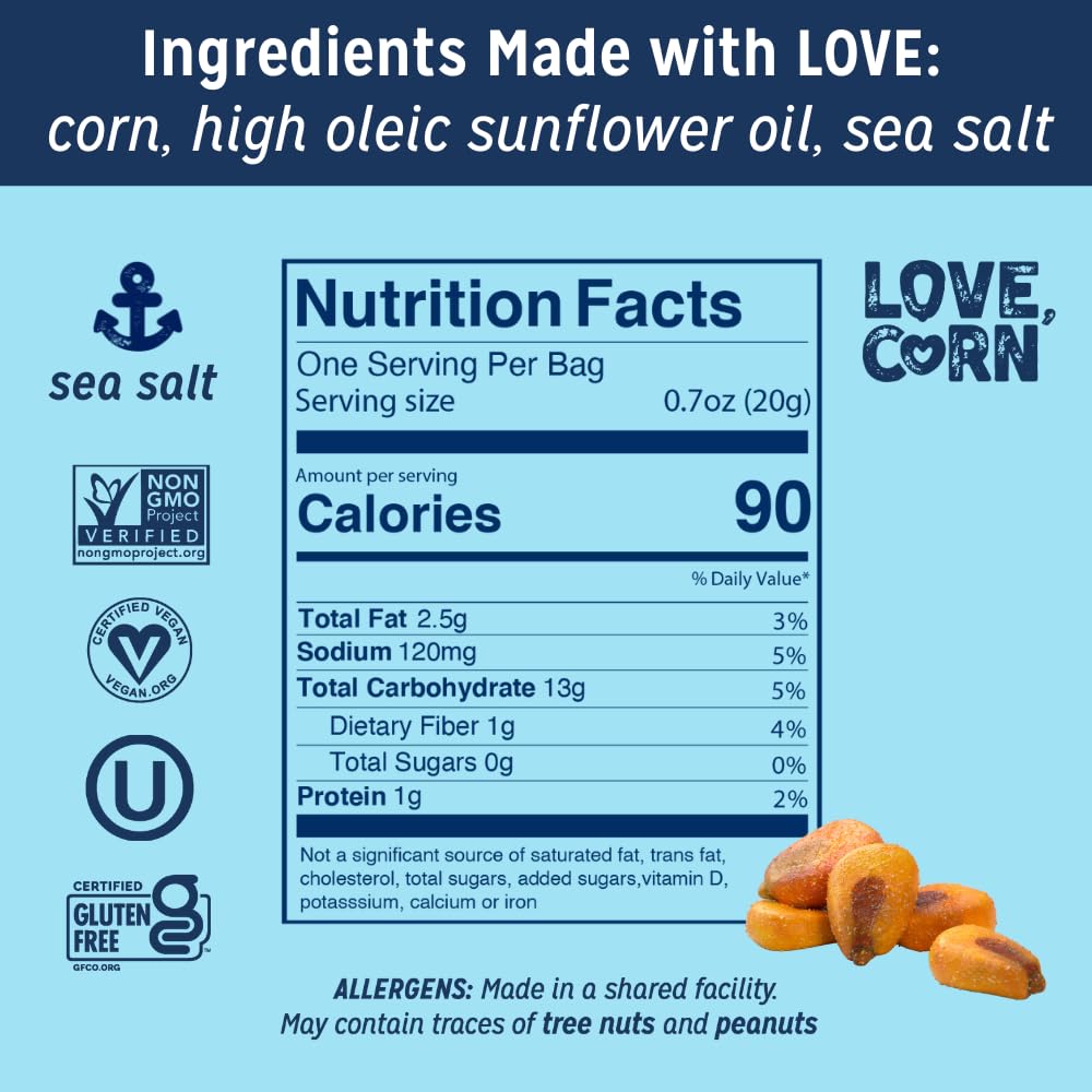 LOVE CORN Sea Salt - Crunchy Roasted Corn Snack, 3 Simple Ingredients, Gluten Free, Non-GMO, Vegan - Alternative to Chips, Nuts & Crackers - Lunchbox