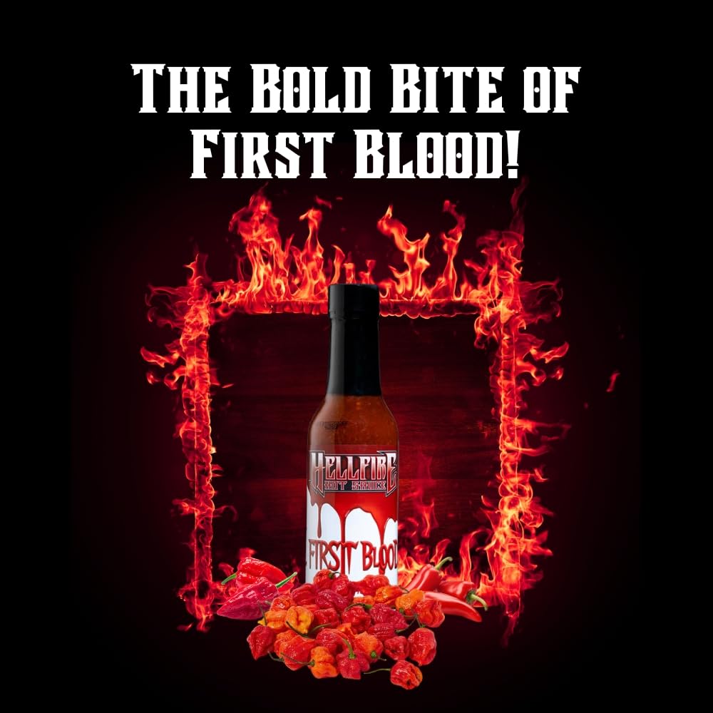 Hellfire Hot Sauce First Blood - Natural Gourmet Hot Sauce with Vegan Four Pepper Blend, 5 oz.