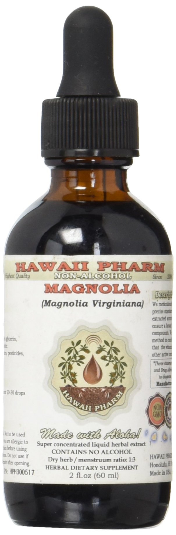 Magnolia Alcohol-Free Liquid Extract, Magnolia (Magnolia Virginiana) Dried Bark Glycerite Natural Herbal Supplement, Hawaii Pharm, USA 2 oz