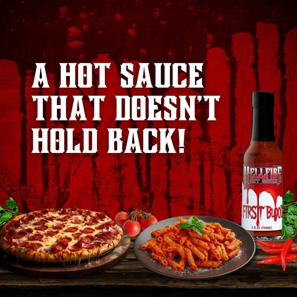 Hellfire Hot Sauce First Blood - Natural Gourmet Hot Sauce with Vegan Four Pepper Blend, 5 oz.