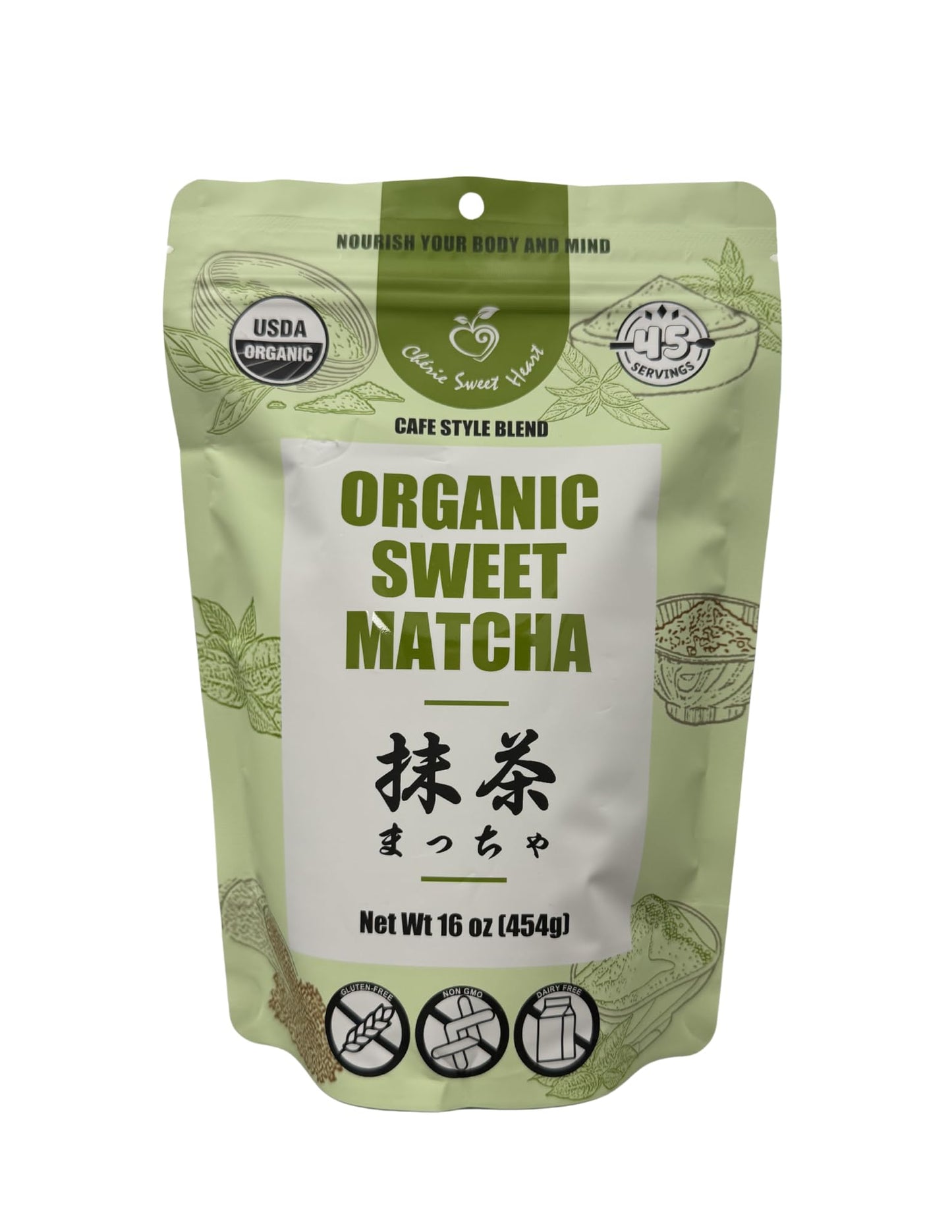 Organic Sweet Matcha Green Tea Powder - Cafe Style Blend by Cherie Sweet Heart - 16oz, Vegan & Gluten-Free, Rich in Antioxidants, Perfect for Lattes