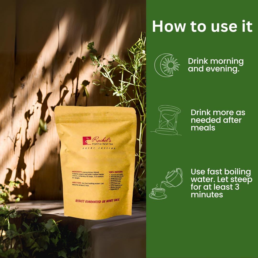 Rachelstea Turmeric, Wild Yam, Ginger, Marshmallow, Chamomile, Peppermint, Fennel, Slippery Elm: 30 Bags, 60 Cups Peppermint Gels: 90 Enteric Coated
