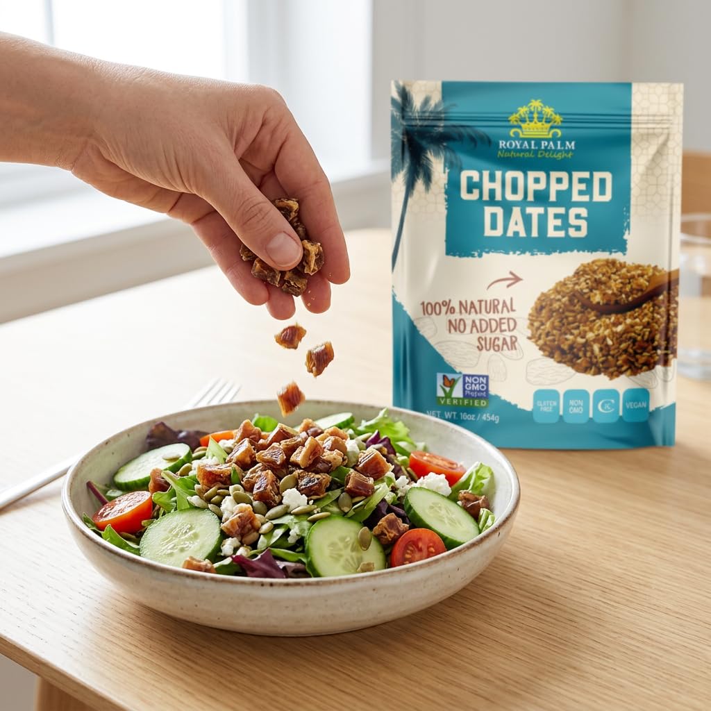 Royal Palm Chopped Dates | 16oz - 100% Natural & Pitted, Non-GMO, Kosher, No Added Sugar, Dried Fruit - Ideal for Baking, Cooking, & Snacking
