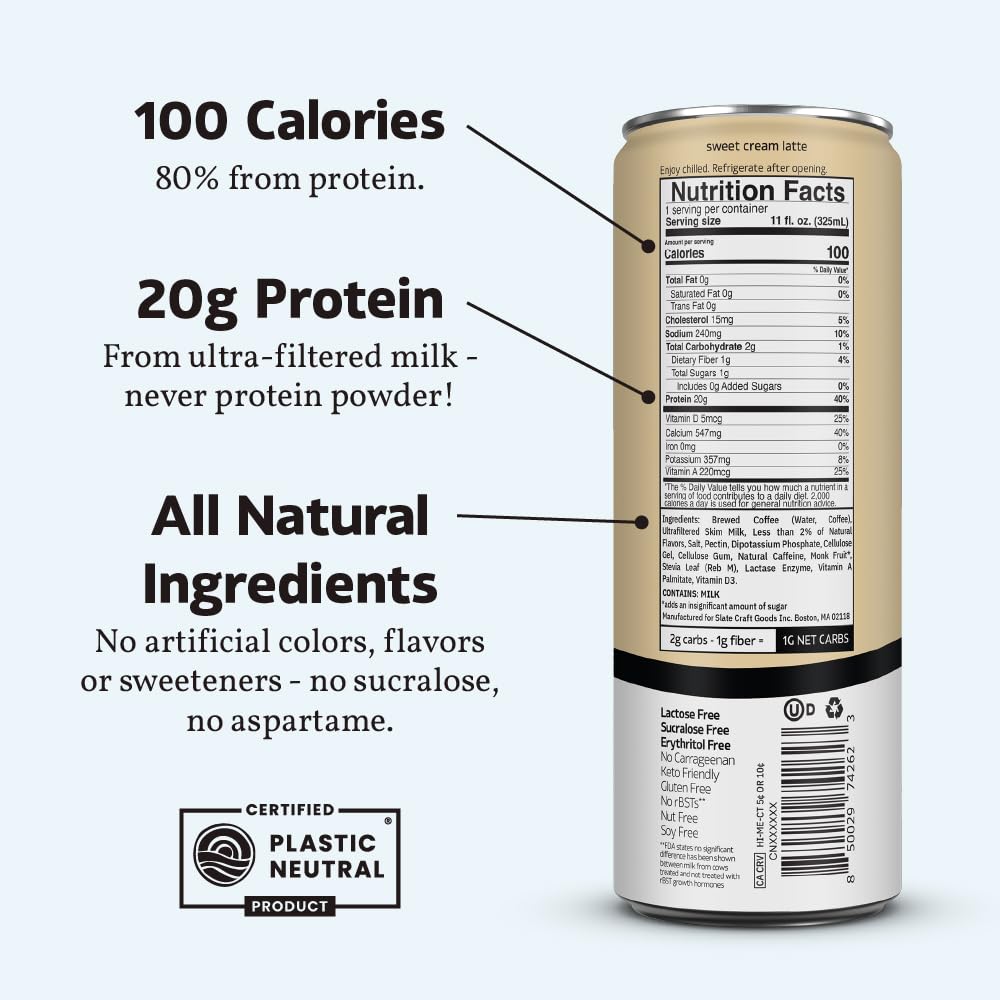 Slate Milk - High Protein Iced Coffee - Sweet Cream Latte - 175mg Caffeine, Lactose Free Energy - 20g Protein, 1g Sugar, 100 Calories, 1g Net Carbs