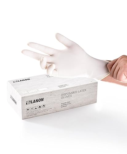 LANON 5 mil Latex Disposable Gloves, Food-Contact Grade, Powder-Free, Fully Textured, White, Small
