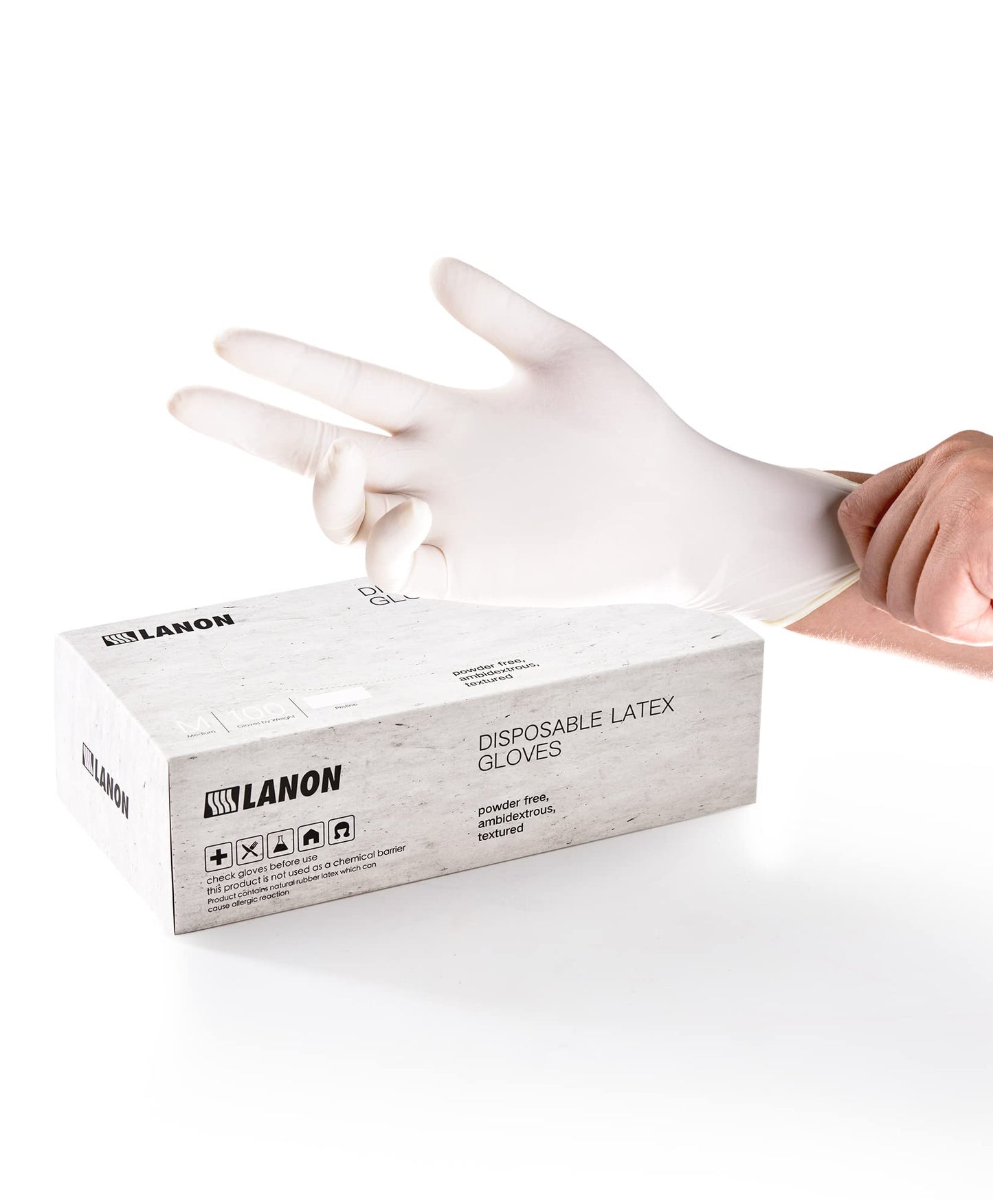 LANON 5 mil Latex Disposable Gloves, Food-Contact Grade, Powder-Free, Fully Textured, White, Small