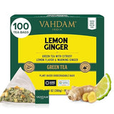 VAHDAM, Lemon Ginger Tea Bags (100 Green Tea Bags) Low Caffeine | Fruity Flavor - Zesty Lemon & Ginger, Orange Peel | Resealable Ziplock Pouch | Brew