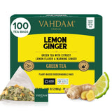 VAHDAM, Lemon Ginger Tea Bags (100 Green Tea Bags) Low Caffeine | Fruity Flavor - Zesty Lemon & Ginger, Orange Peel | Resealable Ziplock Pouch | Brew