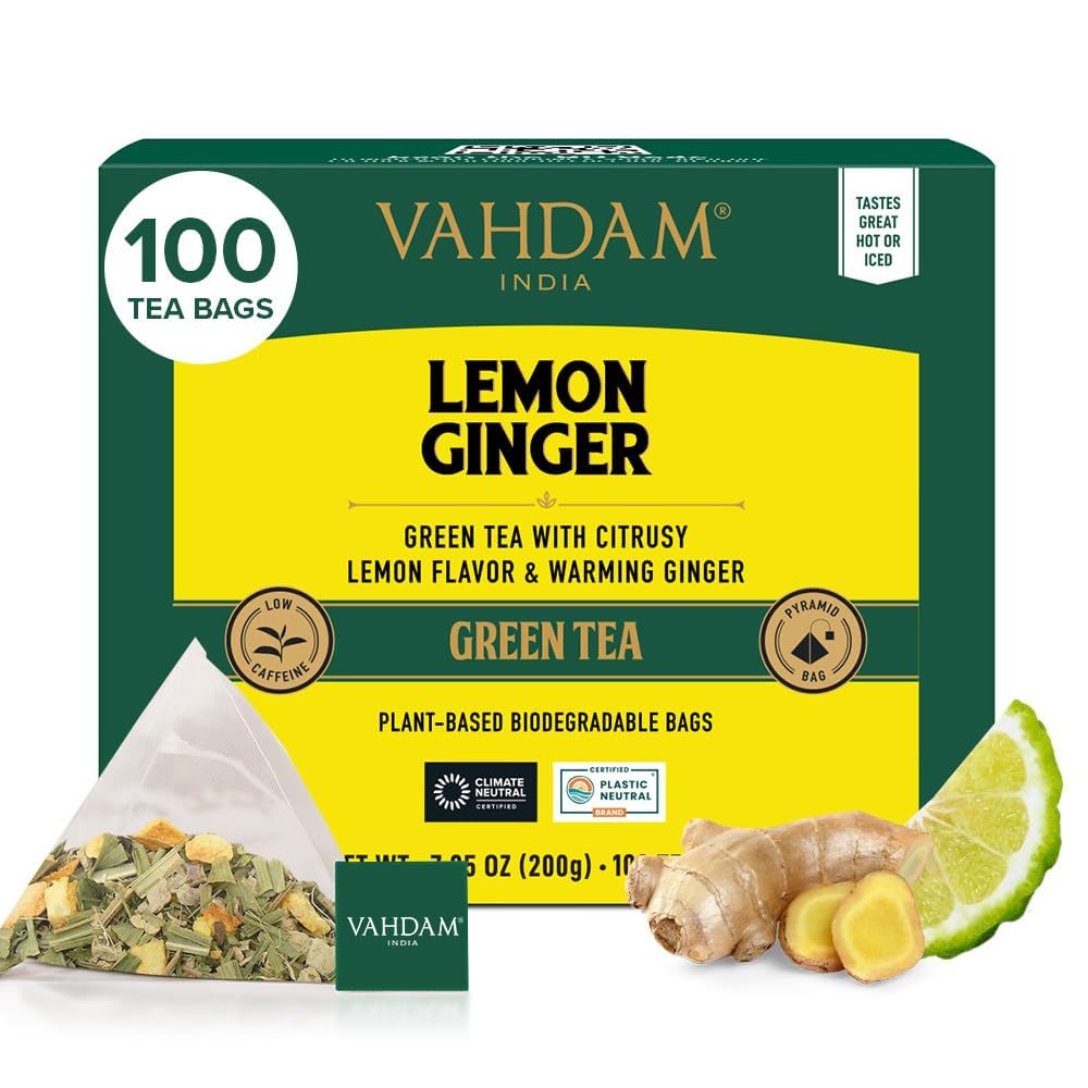 VAHDAM, Lemon Ginger Tea Bags (100 Green Tea Bags) Low Caffeine | Fruity Flavor - Zesty Lemon & Ginger, Orange Peel | Resealable Ziplock Pouch | Brew