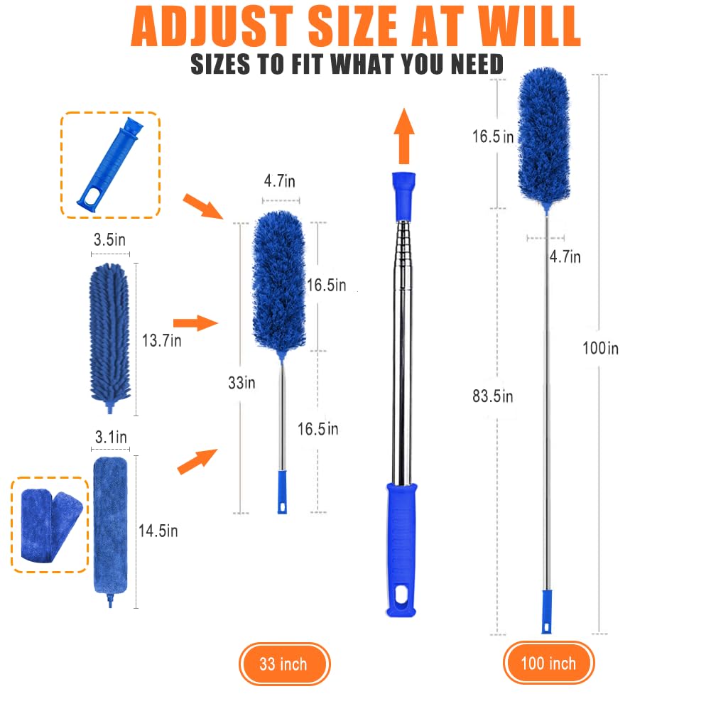 Professional Microfiber Feather Dusters for Cleaning, 6PCS Extendable Bendable Dusters with 100" Telescopic Pole, Washable & Reusable Cleaning Kit