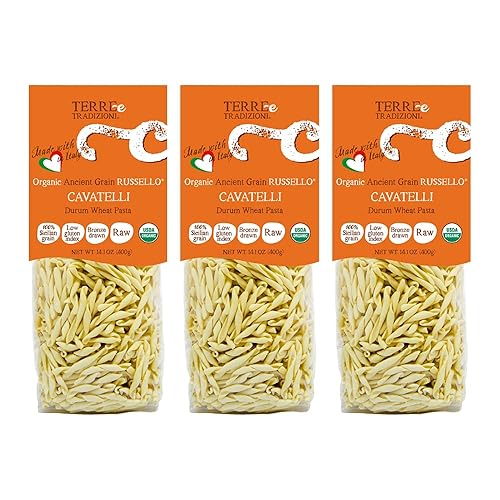 3 PACKS ORGANIC ITALIAN DURUM WHEAT CAVATELLI PASTA - Sicilian Ancient Grain Russello Vegan Crafted in Italy. LOW-GLUTEN INDEX. Has 6X More Fiber