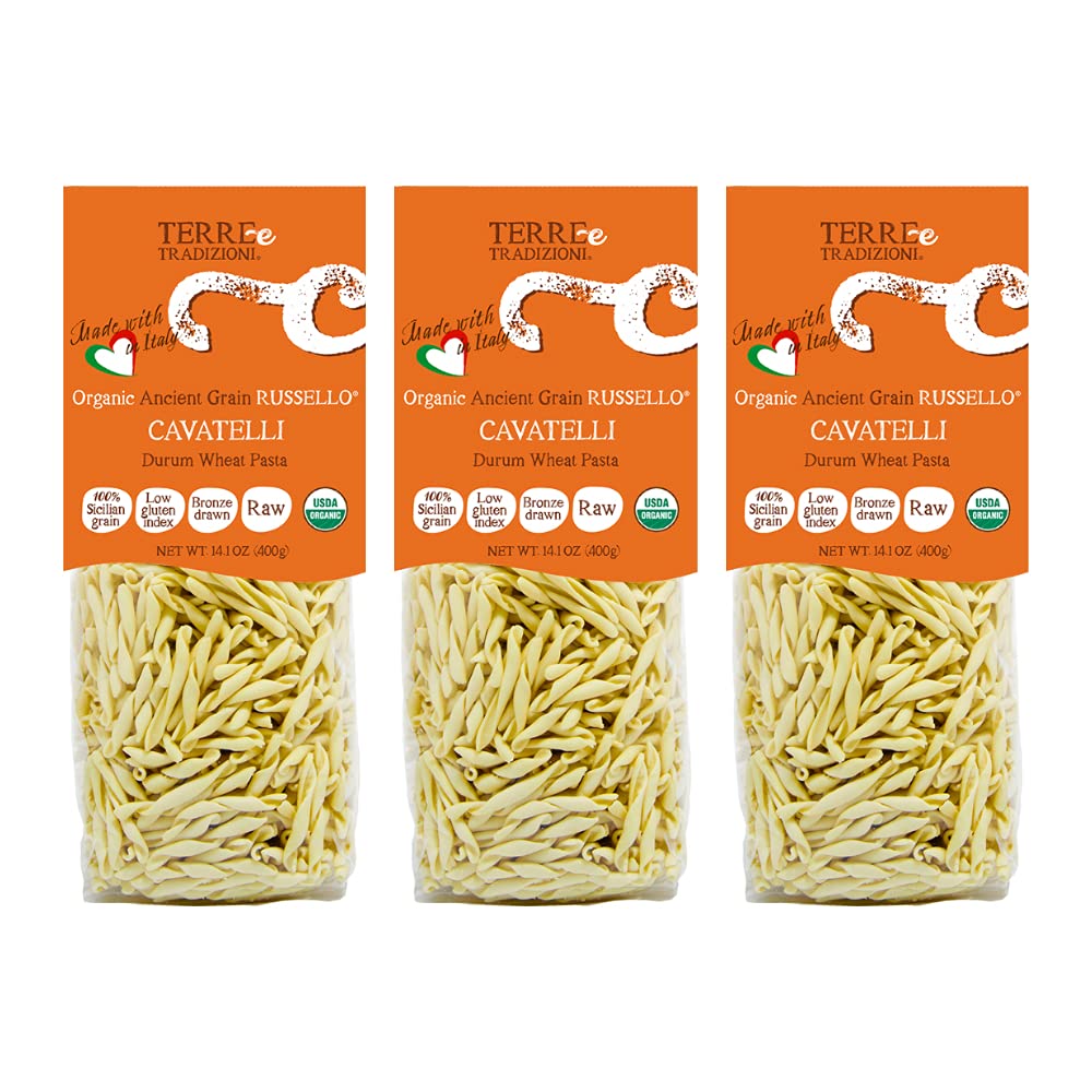 3 PACKS ORGANIC ITALIAN DURUM WHEAT CAVATELLI PASTA - Sicilian Ancient Grain Russello Vegan Crafted in Italy. LOW-GLUTEN INDEX. Has 6X More Fiber
